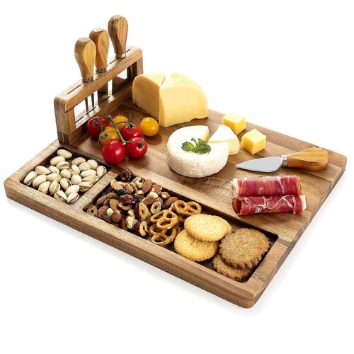 Acacia Plateau De Fromage Et Set De Couteau De 11x14 Pouces Avec 4 Ustensiles En Acier Inoxydable Pour La Pendaison De Crémaillère Et Cadeaux De Vacances