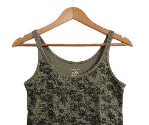 Debardeur Fines Bretelles. Top Vert Kaki Imprime Fleurs Et Feuilles. Camaieu. Taille 36