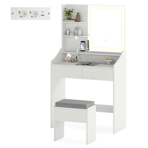 Ensemble de Coiffeuse et Tabouret COSTWAY, Miroir avec Lumières à 3 Couleurs, Station de Recharge, Luminosité Réglable, 2 Tiroirs