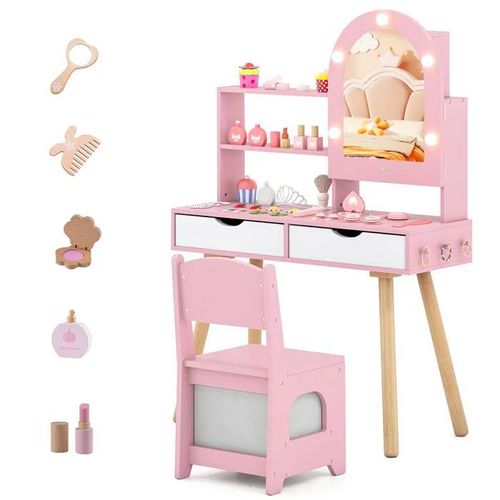 COSTWAY Coiffeuse Enfant et Chaise - 5 Accessoires - Miroir Éclairé Luminosité Réglable - 3 Tiroirs, Étagères Ouvertes, Rose