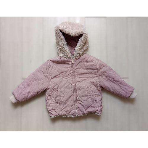 Manteau. Doudoune Reversible Rose Et Fausse Fourrure À Capuche. Zara. Taille 4 - 5 Ans. 110 Cm