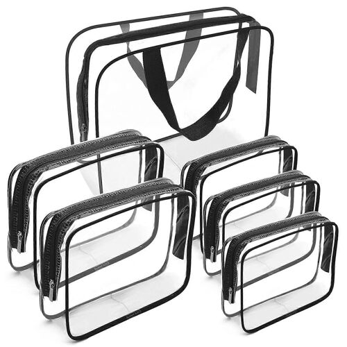 Lot de 6 trousses de maquillage de voyage transparentes en PVC avec poignée zippée