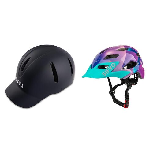 Casque De Vélo Pack De 2 - Adultes Et Enfants Casques Avec Visière Étendue, Noir, Adulte, Violet Enfants 50-57cm, Pour Les Âges De 5 À 14