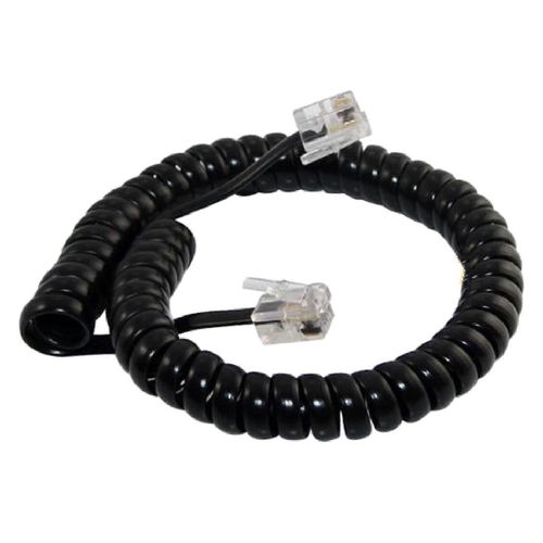 Câble téléphonique spiralé noir de 3 mètres, compatible RJ9, RJ11 et 4P4C, pour usage domestique et professionnel.