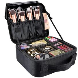 Trousse de maquillage de voyage noire de 10,4 pouces avec séparateurs ajustables