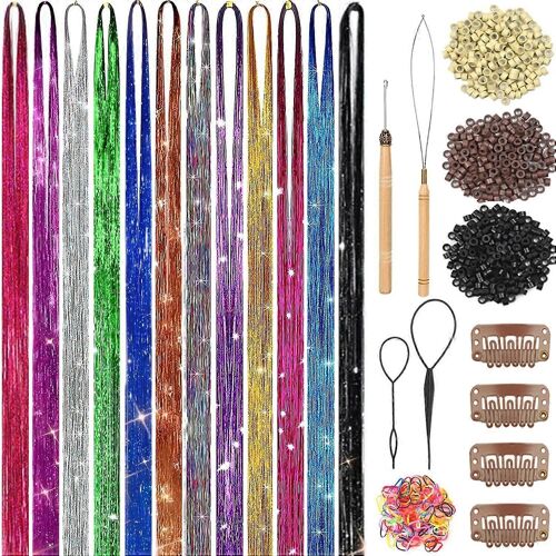 Cheveux Éclat Set (48 Pouces, 12 Couleurs, 3600 Fil), Outil De Fées Lueur D'extension De Cheveux - Scintillante Cheveux Éclat Ensemble 