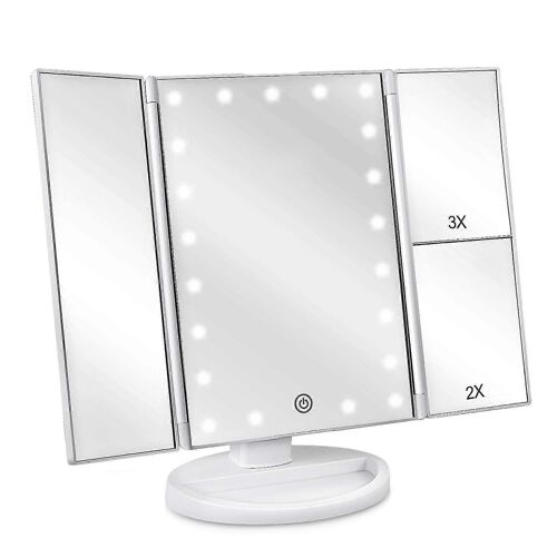 Plancher de Montage Tri-Fold Miroir de courtoisie Lumineux avec 21 LED, Écran Tactile et 3X/2X/1X Grossissement