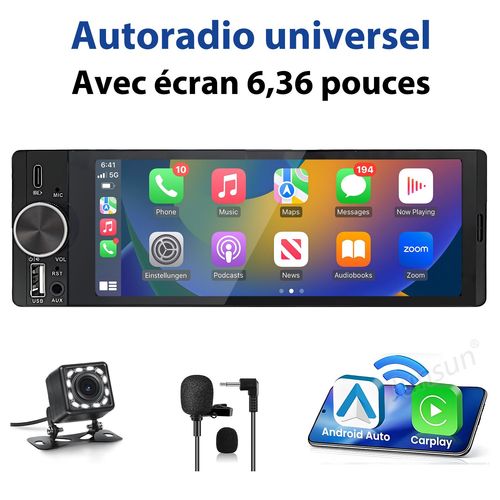 Autoradio 1 DIN universel 6,36 pouces avec Android Auto, FM, caméra et micro, écran tactile IPS 1280 x 480, compatible CarPlay