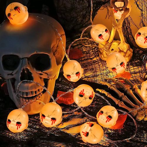 Jgd-Guirlande Lumineuse Halloween Avec 20 Led Têtes De Fantôme,3m Longueur,Alimentation Par Piles,2 Modes Lumineux,Lumière Blanc Chaud,Décoration Horrifique Pour Halloween,Fêtes,Intérieur/Extérieur