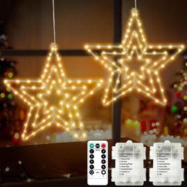 Étoile de Noël éclairée avec 2 paquets de 75 LED blanc chaud - Décoration de Noël avec minuterie - Pour fenêtre, chambre, balcon, fête d'anniversaire