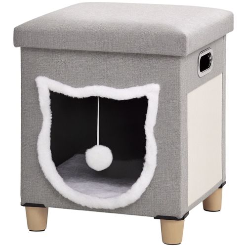 Niche Chat Grattoir Pouf 3 En 1 Design Porte Tête De Chat - Coussin Bouclette Amovible Inclus - Tissu Gris