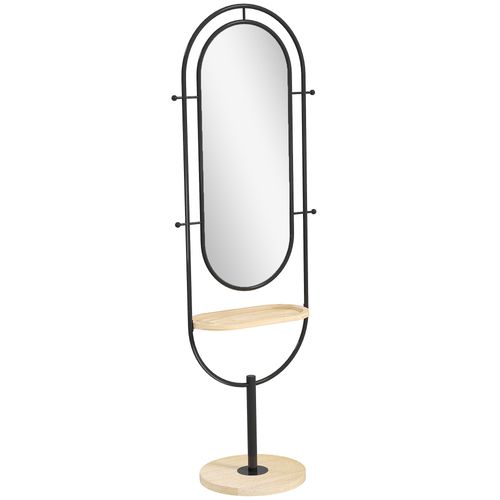 Miroir étagère design H.175 cm - miroir sur pied - tablette, 4 patères - métal noir bois hévéa verni naturel
