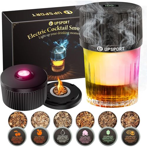 Kit de Fumoir Électrique Rechargeable, Style Moderne Métallique,Fumage Doux, 4 Modes Lumineux Variables, Sans Butane, Parfait pour Soirées Cocktail ou Tastings de Whisky, Cadeau pour Hommes