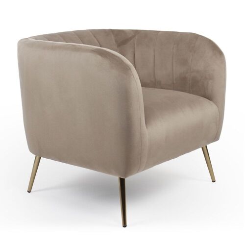 Fauteuil moderne bombaro pieds métal doré et velours taupe
