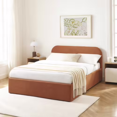 Lit coffre tissu rouille 140x190 sommier inclus