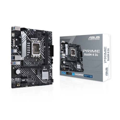 ASUS PRIME B660M-K D4 Carte mère mATX Intel® B660 (LGA 1700) avec PCIe® 4.0, 2 emplacements M.2, DDR4, HDMI®, D-Sub, carte réseau Realtek 1G, prise USB 3.2 Gen 1 avant, contrôle des effets lumineux.