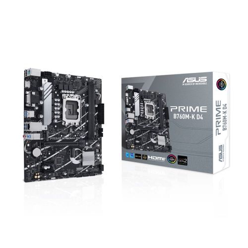 ASUS Prime B760M-K D4, Intel ® Carte mère b760 LGA 1700 matx avec pcie 4.0, deux slots pcie 4.0 m.2, ddr4, carte réseau filaire Realtek 2.5G, VGA, HDMI ®, SATA 6 Gbps.
