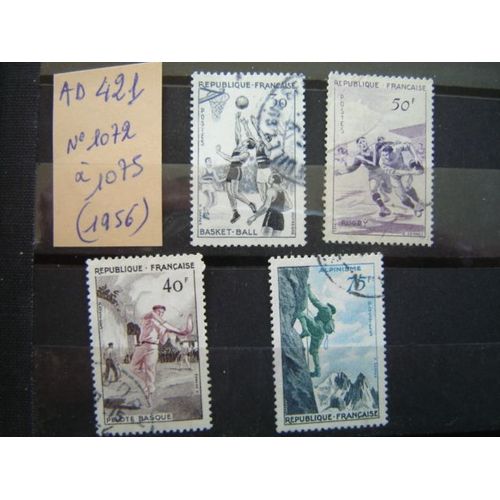 Ad 421 // Serie De 4 Timbres Obliteres France N°1072 À1075 (1956)Sports/Rugby-Pelote Basque -Basket-Alpinisme