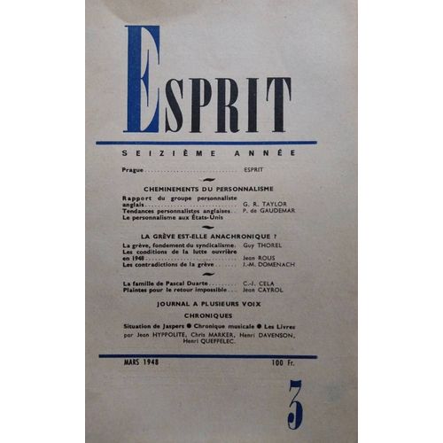 Revue Esprit. 1948, Numéro 3. Cheminements Du Personnalisme. La Grève Est-Elle Anachronique?. Mars 1948.