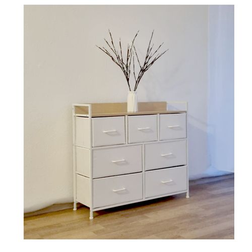Commode Blanc Structure Metal Meuble Bois Polyvalent Chiffonnier 7 Tiroirs Armoire Poigné Mobilier Casier Tissu Lingère Stable Pied Réglabl Montag Facil Chambre Dressing Salon Entrée Sdbain 98x85x29cm