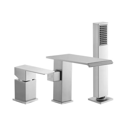 Mitigeur de Baignoire Romaine à Cascade-Duoku-Robinet 3 Trous-avec Douchette et Poignée Unique-en Acier Inoxydable Brossé