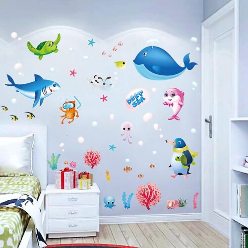 Sticker mural sous la mer, créatures marines colorées, poisson, autocollant mural amovible, chambre de bébé, salon, chambre d'enfant, décoration murale