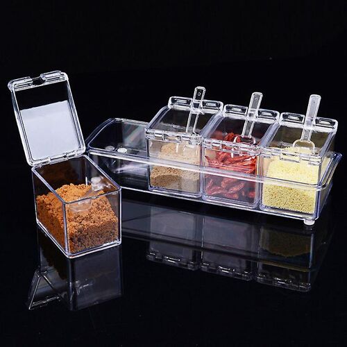 Coffret D'assaisonnement Transparent 9 X 25,8 X 7,2 Cm, Bocal À Épices, Récipient À Condiments De Cuisine Avec Couvercle Et Cuillère