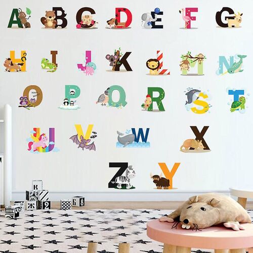 Autocollants muraux alphabet anglais ABC 38,5 x 31,5 cm, pour chambre d'enfant, animaux, décoration murale pour salon