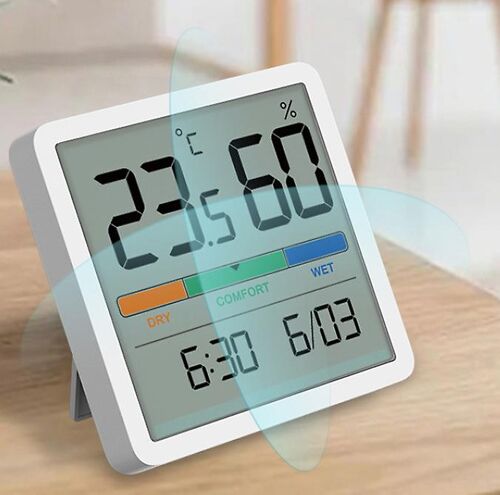 Thermomètre numérique de bureau avec moniteur de température et d'humidité, thermomètre d'ambiance précis avec horloge (blanc), 70 x 70 mm