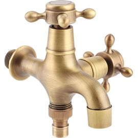 Robinet de jardin en laiton massif à double sortie, style vintage, montage mural, pour machine à laver, robinet d'extérieur, doré, 12,8 x 11,2 x 9 cm
