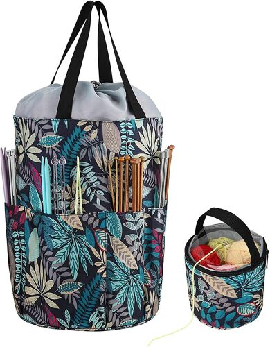 Sac De Rangement Pour Crochet, Sac De Rangement Pour Fils Artisanaux Avec Poche, Sac À Tricoter Pour Ranger Les Fils Et Les Aiguilles À Tricoter - Bleu Forêt Tropicale
