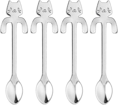 Lot De 4 Petites Cuillères À Café En Acier Inoxydable En Forme De Chat Pour Le Thé, Le Sucre, Les Gâteaux, La Glace