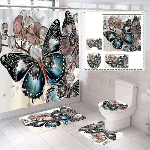 Ensemble De Décoration De Salle De Bain 4 Pièces Monarch Butterfly Avec Rideaux De Salle De Bain, Couvertures Et Accessoires, Fleurs Colorées Imperméables Et Durables, Avec Papillon