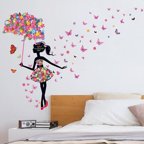 1 autocollant mural amovible pour fille, motif romantique, fée des fleurs et papillons, décoration pour chambre à coucher, salon, chambre d'enfant, DIY