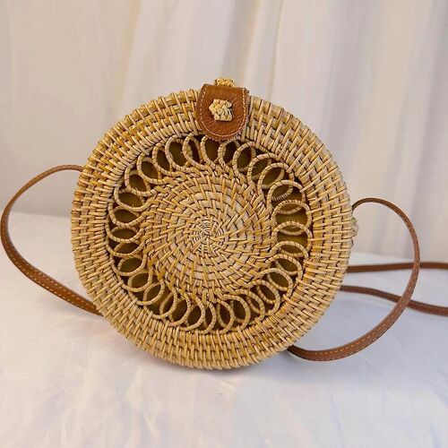 Sac rond en rotin, sac vintage en paille tressée pour femme, paniers de courses en osier faits main, sac à bandoulière pour femme avec bandoulière en cuir synthétique