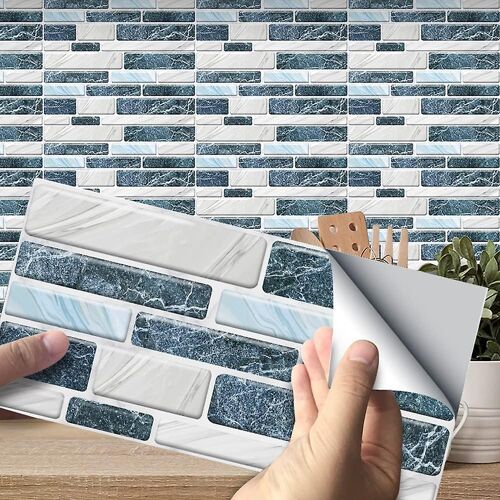 Dosseret autocollant, autocollant 3D pour carrelage en ciment, bordure adhésive imperméable pour cuisine, salle de bain, 10 x 20 cm pour chambre à coucher, bureau (bleu blanc,