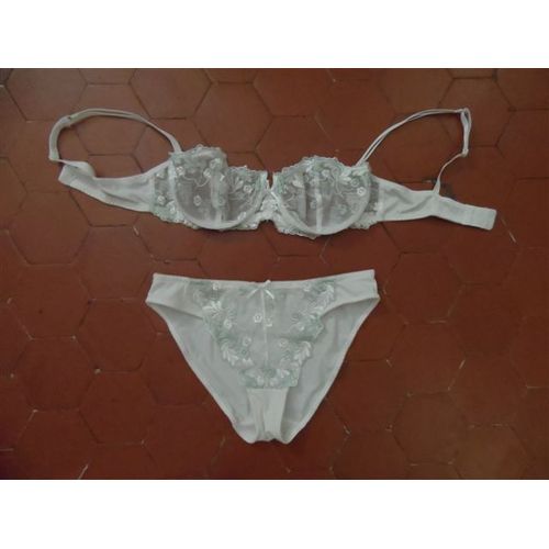 Ensemble Soutien-Gorge + Slip Jersey Et Tulle Brodé Vert Et Blanc Tissel