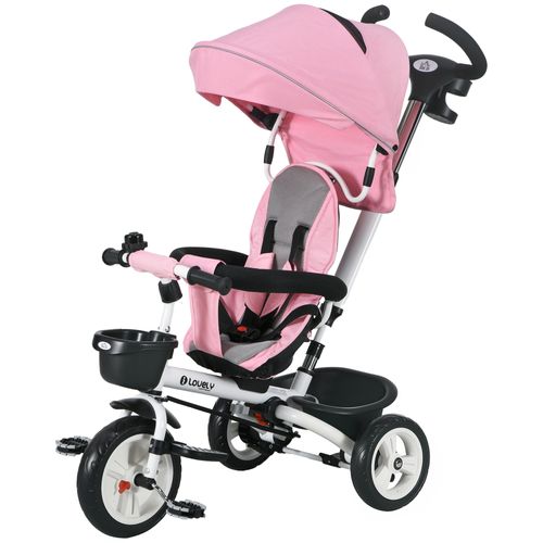 Tricycle Enfant Évolutif Pliable Pare-Soleil Canne Télescopique Amovible Siège Réversible Rose