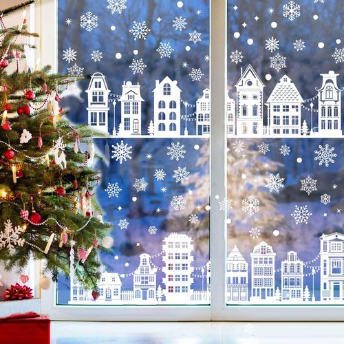 NoëL Autocollants Fenetre Réutilisables, 137PCS Stickers avec Flocon de Neige de la Maison Blanche pour DIY Décor