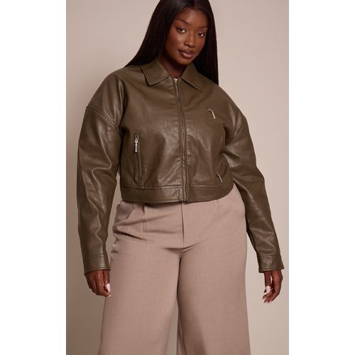 Femme Plus Veste De Motard Minimaliste En Pu Texturé Vert Olive À Zip Gris Pierre | Taille 54