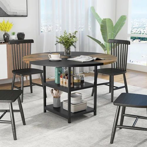 COSTWAY Table à Manger Ronde en Bois de 119 cm pour 4-6 Personnes - Design Bicolore en Blocs, 2 Étagères & Pieds Métalliques