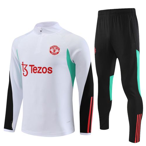 Ensemble Entraînement Manchester United 23/24 Maillot Football Adulte Enfant Manches Longues Blanc Vert