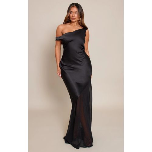 Femme Shape Robe Longue Satinée Noire À Épaule Dénudée Et Ourlet Transparent Contrasté | Taille 34