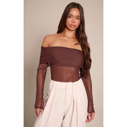 Femme Body En Mesh Chocolat Foncé À Col Bardot Replié Et Manches Longues | Taille 34