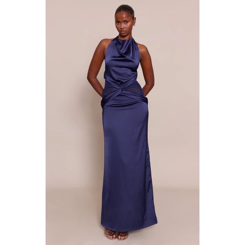 Femme Robe Longue Satinée Bleu Marine À Détail En Mesh | Taille 40