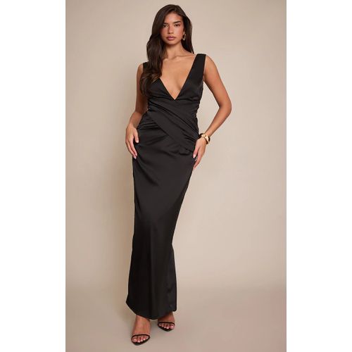 Femme Robe Longue Satinée Noire À Col Plongeant Drapé | Taille 34