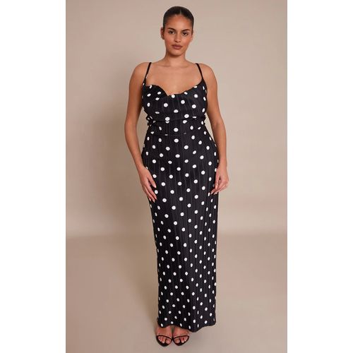 Femme Plus Robe Longue Noire Plissée À Pois Et Col Bénitier | Taille 48