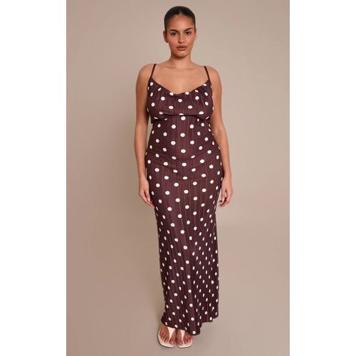 Femme Plus Robe Longue Chocolat Plissée À Pois Et Col Bénitier | Taille 54