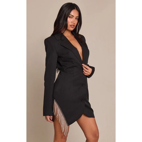 Femme Robe Blazer De Tailleur Tissée Noire À Franges Strassées | Taille 42