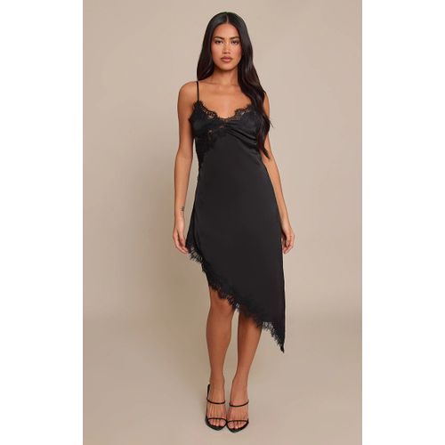 Femme Mini Robe Asymétrique Satinée Noire À Détails En Dentelle | Taille 32